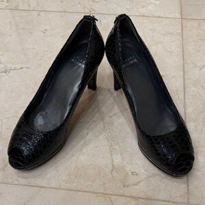 Stuart Weitzman Black Crocodile Embossed Peep-Toe Heels